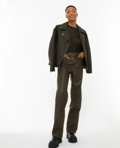 Blouson Motard Oversize En Simili - Marron