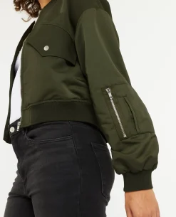 Bomber Court En Tissu Satiné - Vert Kaki