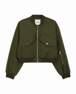 Bomber Court En Tissu Satiné - Vert Kaki
