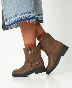 Boots Motardes Avec Détails Brides Et Boucle - Marron