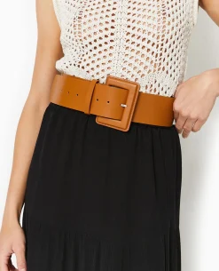 Ceinture Large Avec Grande Boucle Rectangulaire - Camel