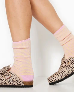 Chaussettes Rayées Maille Bouclette Intérieure - Rose Clair
