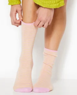 Chaussettes Rayées Maille Bouclette Intérieure - Rose Clair