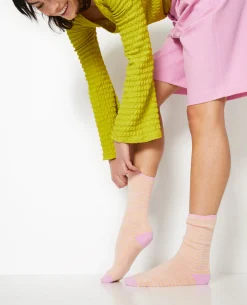 Chaussettes Rayées Maille Bouclette Intérieure - Rose Clair
