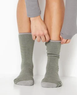 Chaussettes Rayées Maille Bouclette Intérieure - Vert Kaki
