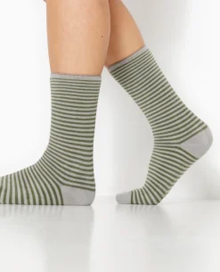 Chaussettes Rayées Maille Bouclette Intérieure - Vert Kaki