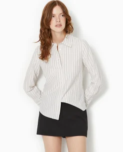 Chemise Cintrée Manches Longues Motif Rayures - Beige