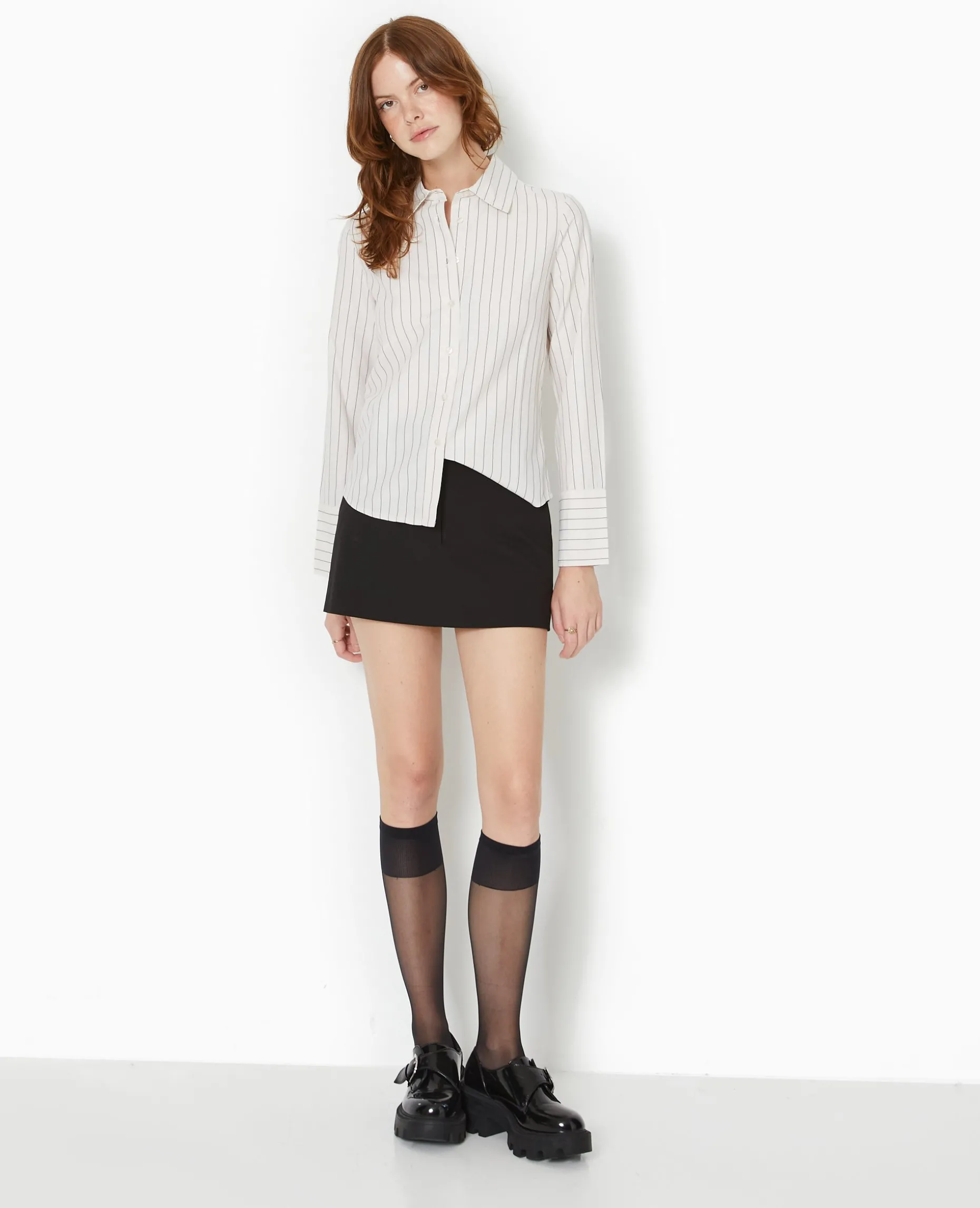Chemise Cintrée Manches Longues Motif Rayures - Beige