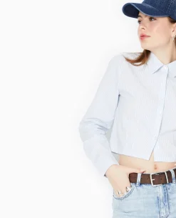 Chemise Courte Rayée Manches Longues - Bleu