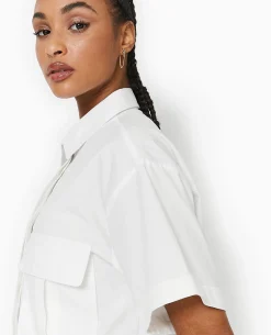 Chemise Cropped Avec Poches Plaquées - Blanc