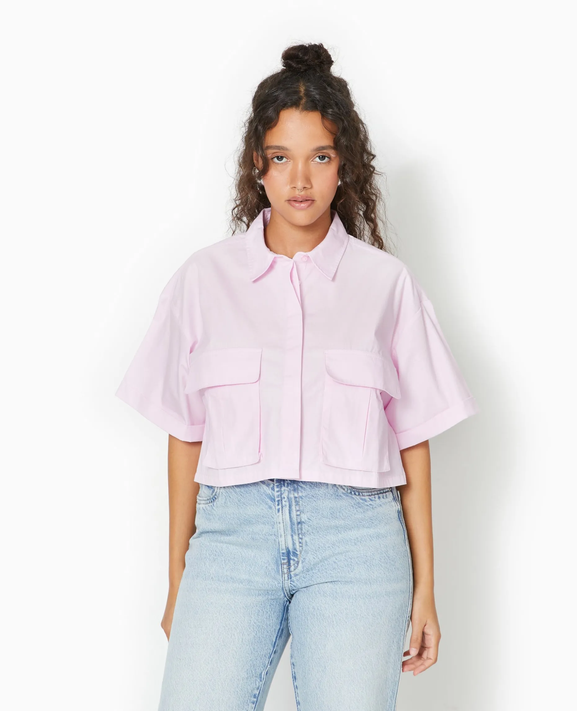 Chemise Cropped Avec Poches Plaquées - Rose Poudré