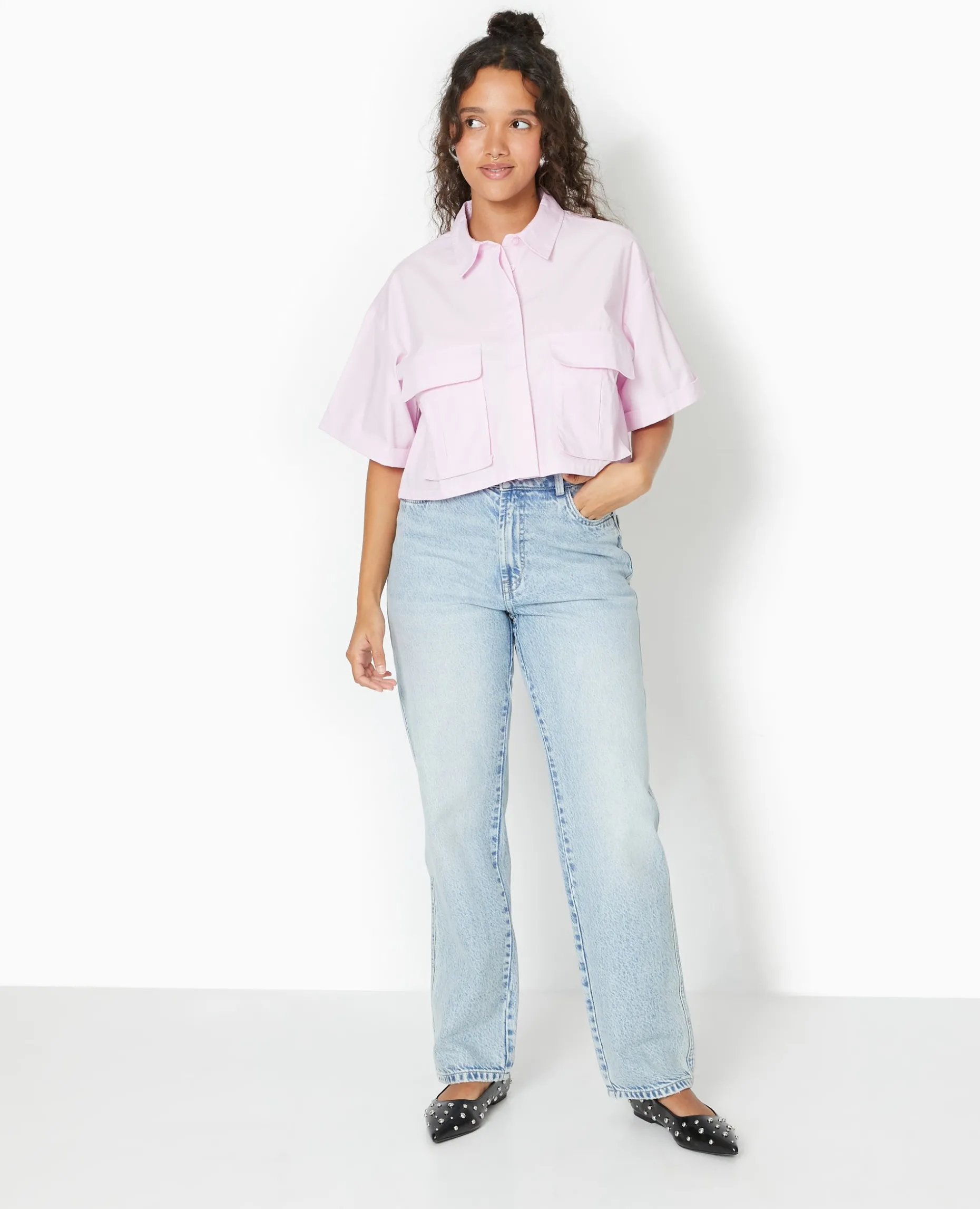 Chemise Cropped Avec Poches Plaquées - Rose Poudré