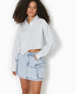 Chemise Cropped Rayée Avec Poche Décalée - Bleu Clair