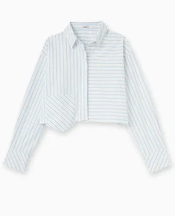 Chemise Cropped Rayée Avec Poche Décalée - Bleu Clair