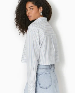 Chemise Cropped Rayée Avec Poche Décalée - Bleu Clair
