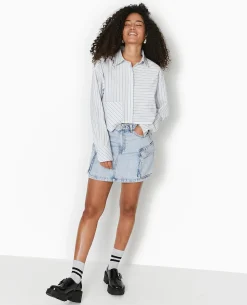 Chemise Cropped Rayée Avec Poche Décalée - Bleu Clair