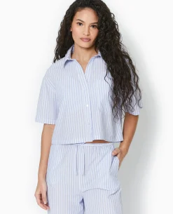 Chemise Cropped Rayée Façon Pyjama D'homme - Bleu