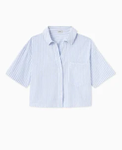 Chemise Cropped Rayée Façon Pyjama D'homme - Bleu