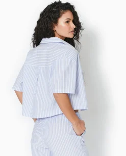 Chemise Cropped Rayée Façon Pyjama D'homme - Bleu