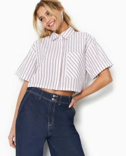 Chemise Cropped Rayée Façon Pyjama D'homme - Blanc