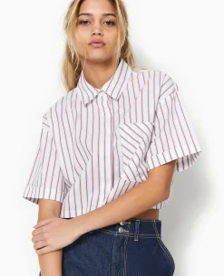 Chemise Cropped Rayée Façon Pyjama D'homme - Blanc