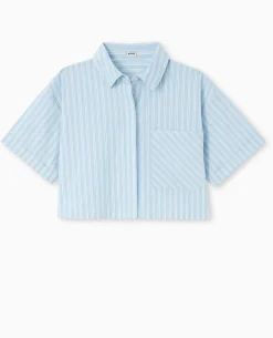 Chemise Cropped Rayée Façon Pyjama D'homme - Bleu