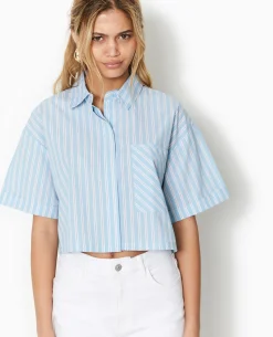 Chemise Cropped Rayée Façon Pyjama D'homme - Bleu