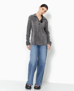 Chemise Oversize En Tissu Plissé Et Satiné - Gris