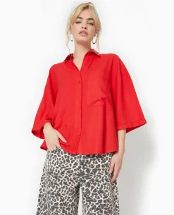 Chemise Oversize Manches Courte Avec Lin - Rouge