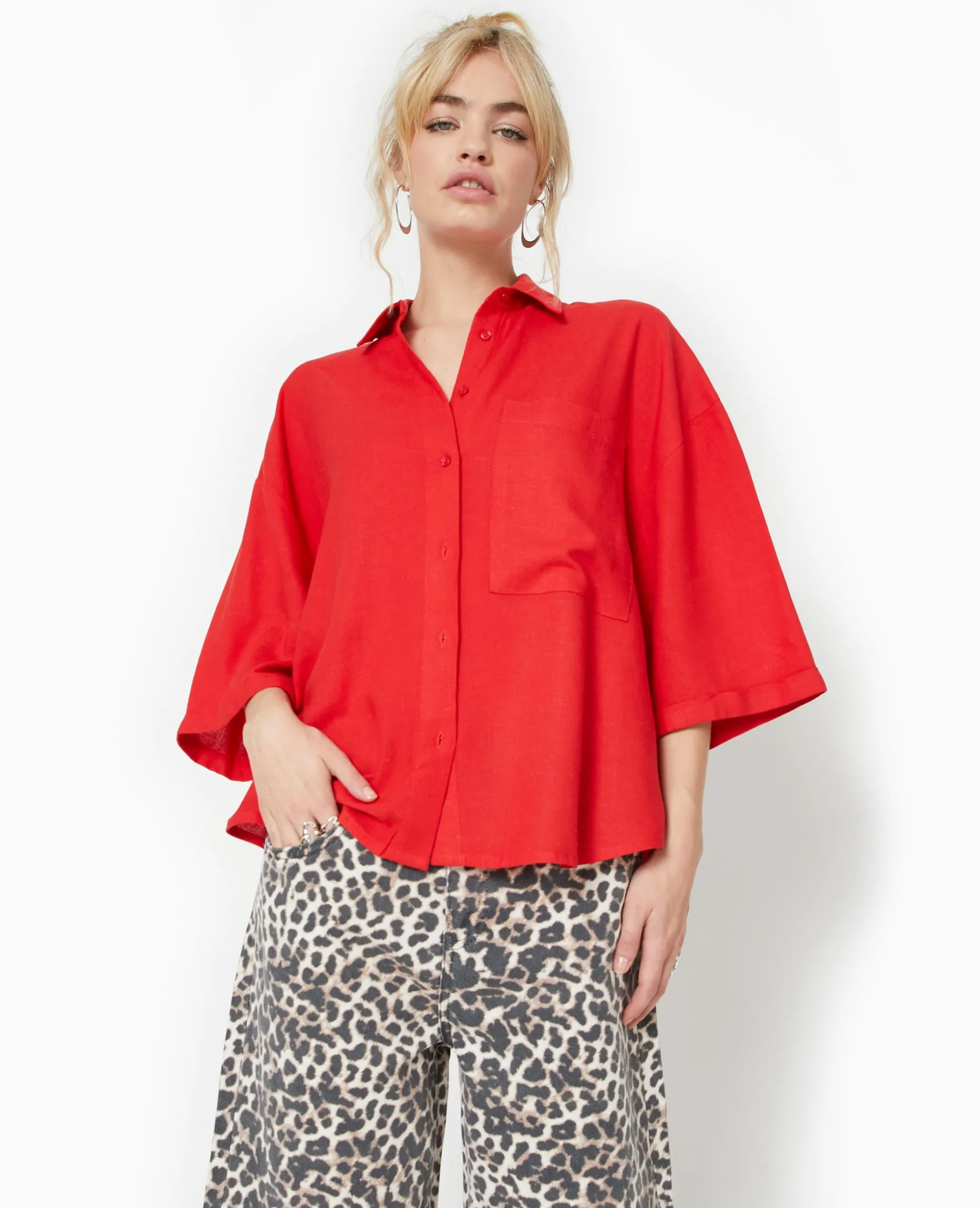 Chemise Oversize Manches Courte Avec Lin - Rouge