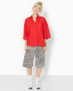 Chemise Oversize Manches Courte Avec Lin - Rouge
