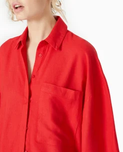 Chemise Oversize Manches Courte Avec Lin - Rouge