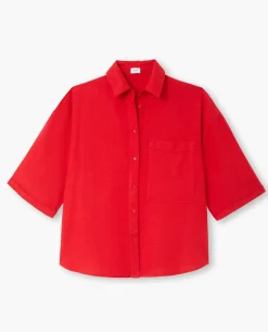 Chemise Oversize Manches Courte Avec Lin - Rouge