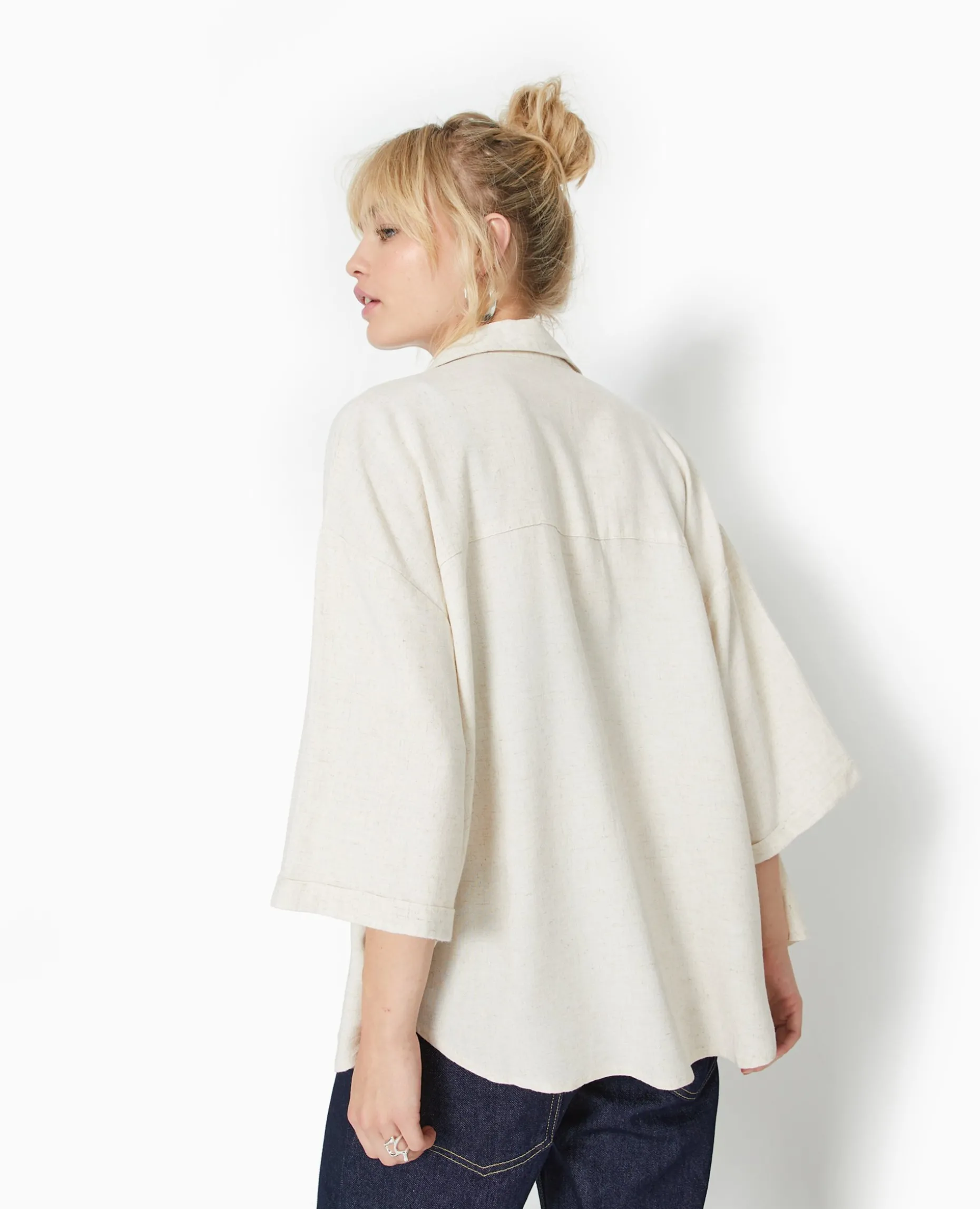 Chemise Oversize Manches Courte Avec Lin - Beige
