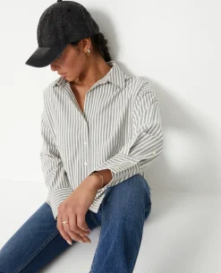 Chemise Oversize Rayée Avec Col Ouvert - Gris Foncé