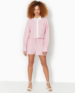 Chemise Rayée Cropped Façon Pyjama D'homme - Rose Poudré