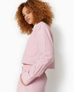 Chemise Rayée Cropped Façon Pyjama D'homme - Rose Poudré