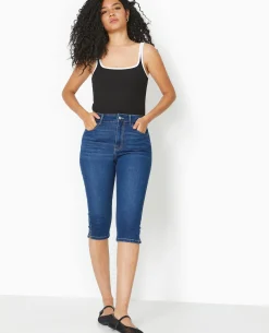 Corsaire Skinny En Jean Stretch Taille Haute - Bleu