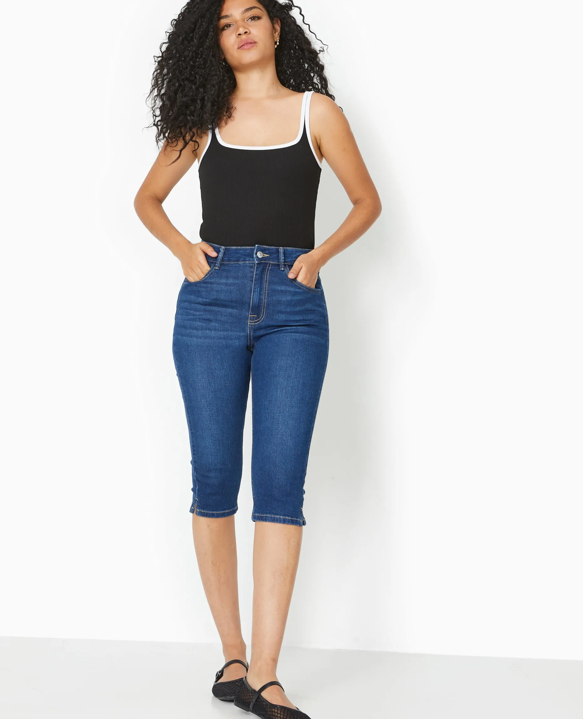 Corsaire Skinny En Jean Stretch Taille Haute - Bleu