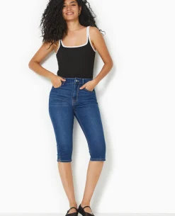 Corsaire Skinny En Jean Stretch Taille Haute - Bleu