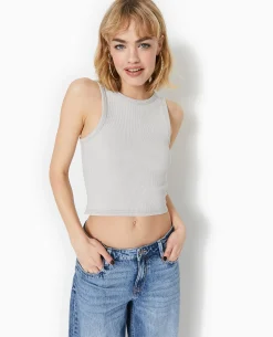 Débardeur Court En Maille Côtelée Acid Wash - Gris Clair