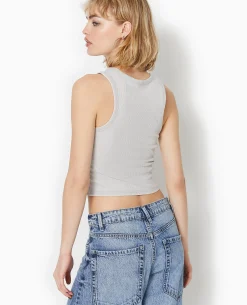 Débardeur Court En Maille Côtelée Acid Wash - Gris Clair