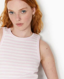 Débardeur Court Et Rayé En Maille Côtelée - Rose