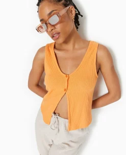Débardeur En Maille Côtelée Avec 2 Boutons - Orange