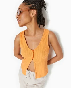 Débardeur En Maille Côtelée Avec 2 Boutons - Orange
