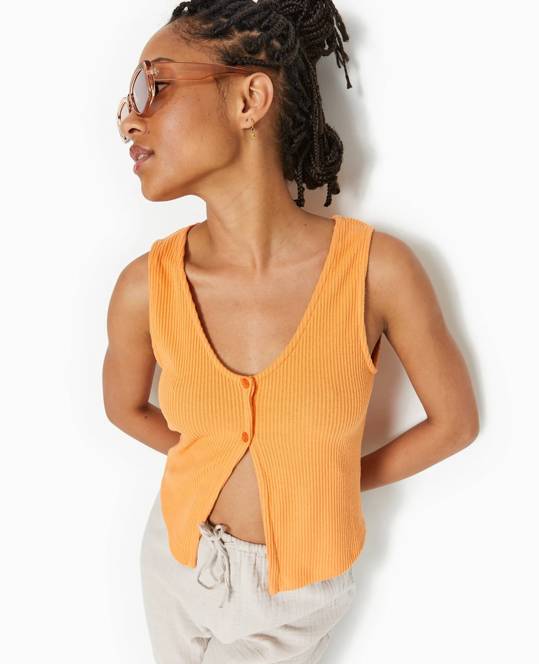 Débardeur En Maille Côtelée Avec 2 Boutons - Orange