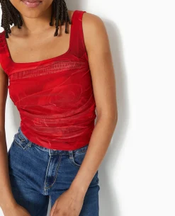 Débardeur En Mesh Motif Roses - Rouge