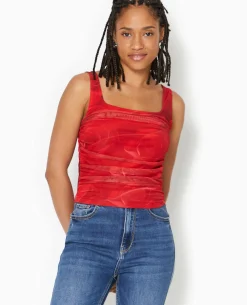 Débardeur En Mesh Motif Roses - Rouge