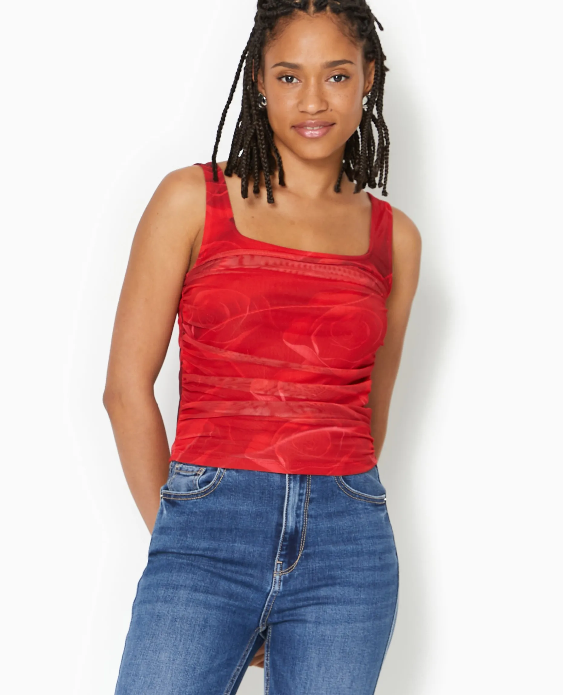Débardeur En Mesh Motif Roses - Rouge
