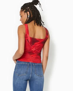 Débardeur En Mesh Motif Roses - Rouge